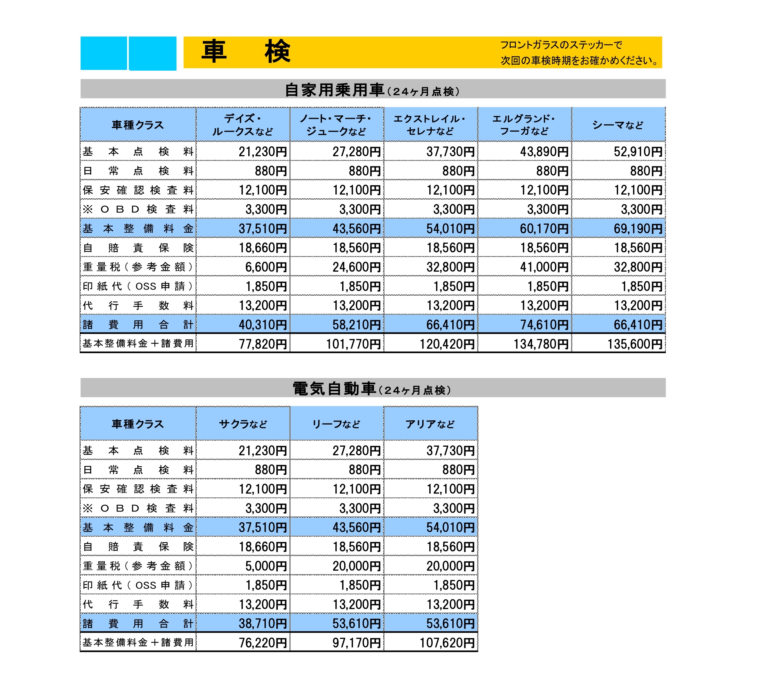 車検料金表